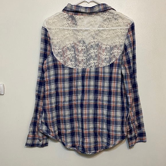 Paper Crane plaid & lace button down shirt, medium - Picture 2 of 7